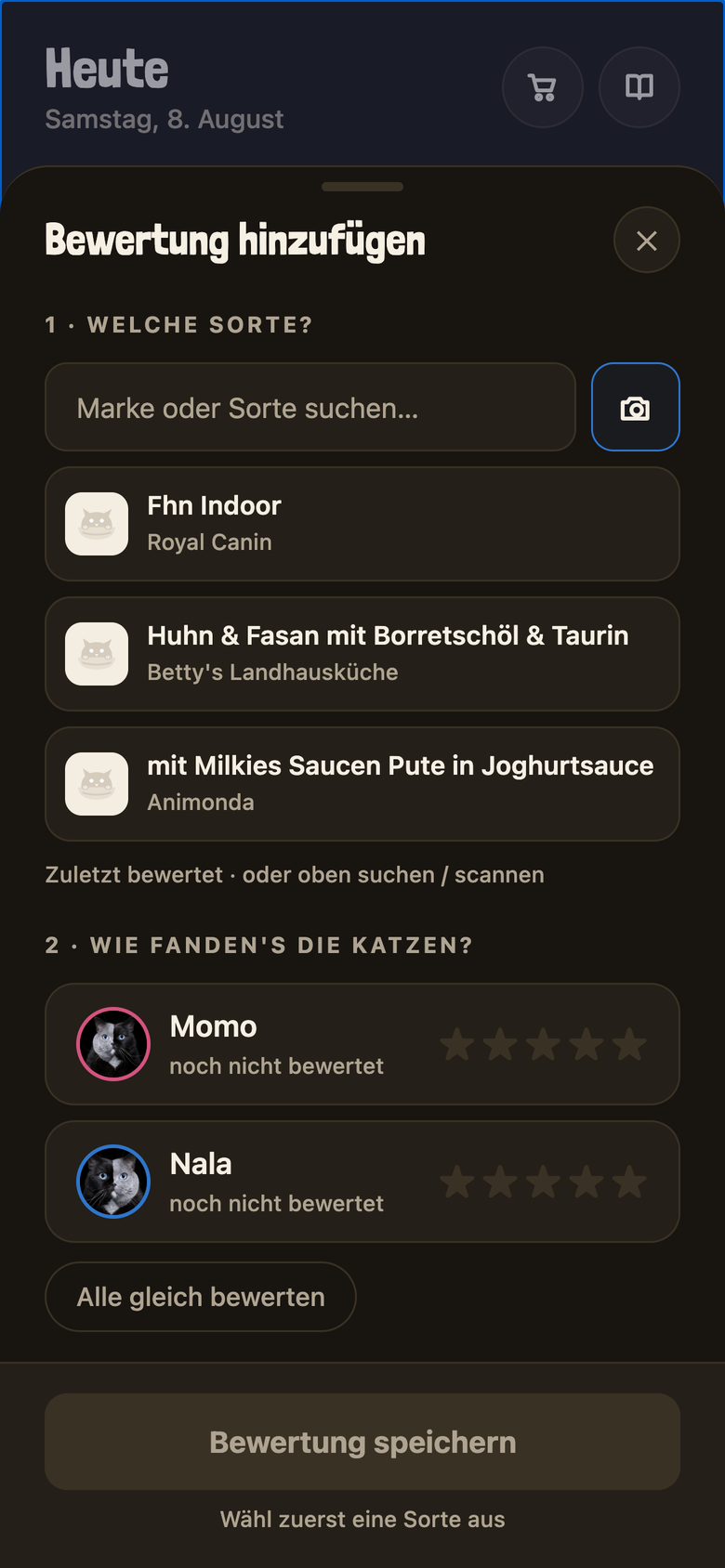 Bewertung pro Katze eintragen